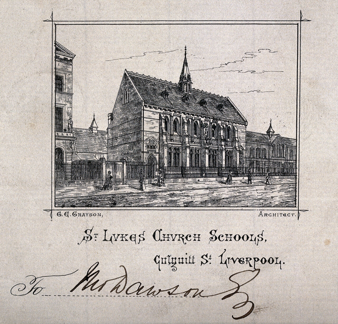St. Luke's Church Schools, Liverpool, Merseyside. Etching after G.E. Grayson., by George Enoch Grayson