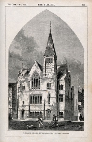 view St. Mark's Schools, Liverpool, Merseyside. Wood engraving by C.W. Sheeres after B. Sly after T.D. Barry.