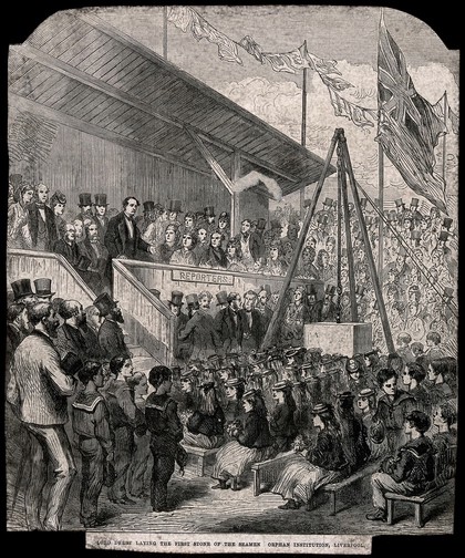 Seamen Orphan Institution, Liverpool, Merseyside: Lord Derby laying the first stone. Wood engraving.