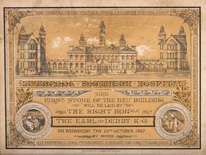 view Liverpool Southern Hospital, Liverpool, Merseyside. Tinted lithograph, 1867, after Culshaw and Sumners.