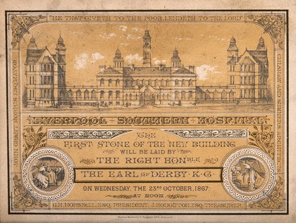 Liverpool Southern Hospital, Liverpool, Merseyside. Tinted lithograph, 1867, after Culshaw and Sumners.