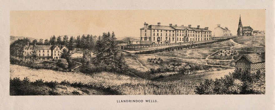 Llandrindod Wells, Radnorshire, Wales: panoramic view. Tinted lithograph.