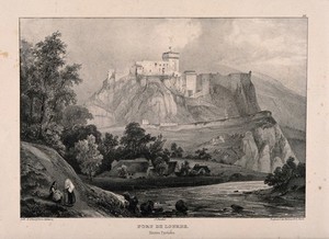 view Lourdes, Hautes Pyrénées, France: panoramic view. Lithograph by J. Jacottet.