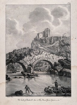 Lourdes and Gave-de-Pau, Hautes Pyrénées, France: peasants fishing with the castle in the background. Lithograph, 1821, after M. Colston.