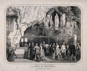 view Lourdes, Haute Pyrénées: pilgrims gathered at the cave of Massabielle. Lithograph.