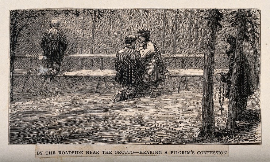 Lourdes, Haute Pyrénées, France: pilgrims praying and confessing by the roadside. Wood engraving.