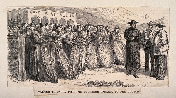 Lourdes, Haute Pyrénées, France: women waiting to carry pilgrims' provisions to the grotto. Wood engraving.