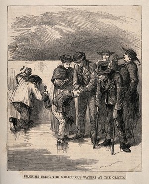 view Lourdes, Haute Pyrénées, France: pilgrims seeking cures from the holy water. Wood engraving.