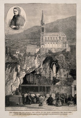 Lourdes, Haute Pyrénées, France: pilgrims praying in front of the grotto and portrait of Bernadette Soubirous. Wood engraving.