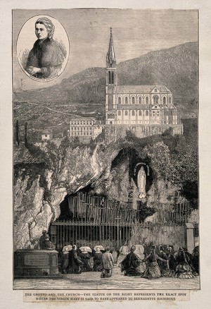 view Lourdes, Haute Pyrénées, France: pilgrims praying in front of the grotto and portrait of Bernadette Soubirous. Wood engraving.