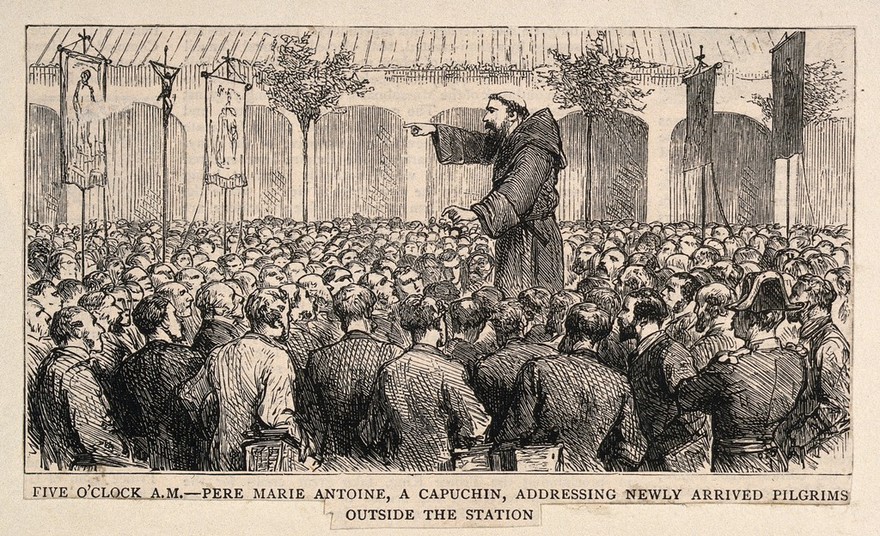 Lourdes, Haute Pyrénées, France: Père Marie Antoine addressing newly arrived pilgrims. Wood engraving.