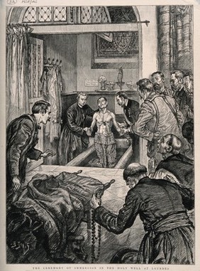 Lourdes, Haute Pyrénées, France: immersion ceremony at the Holy Well. Wood engraving by H. Lanos.