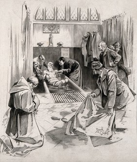 Lourdes, Haute Pyrénées, France: the ceremony of immersion. Pencil drawing by R. Cleaver.