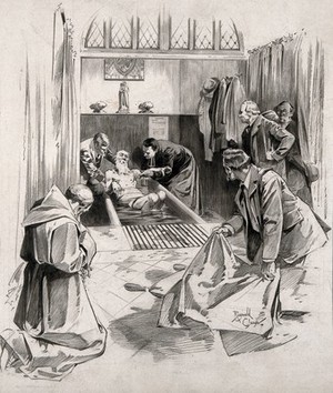 view Lourdes, Haute Pyrénées, France: the ceremony of immersion. Pencil drawing by R. Cleaver.