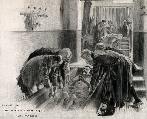 Lourdes, Haute Pyrénées, France: activities of pilgrims. Pencil drawing by R. Cleaver.