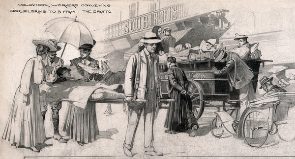 Lourdes, Haute Pyrénées, France: activities of pilgrims. Pencil drawing by R. Cleaver.