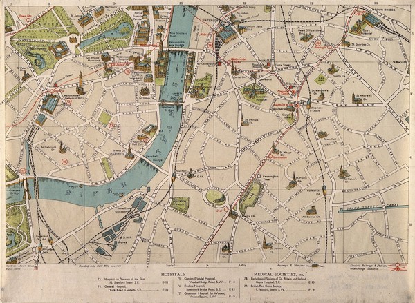 A map of London: showing sites of medical interest in Lambeth, Pimlico, Southwark and Westminster. Coloured lithograph, 1913.