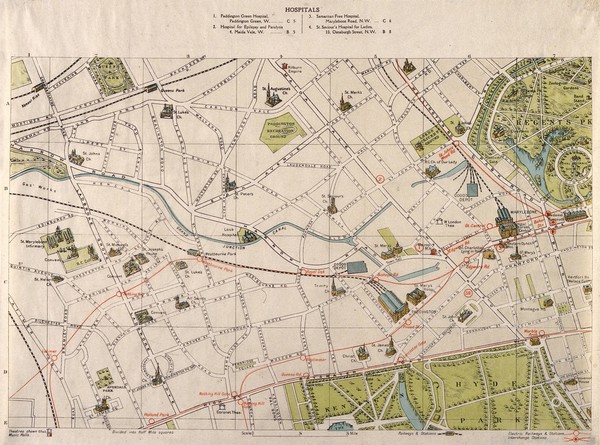 A map of London: showing sites of medical interest in Paddington and north Kensington. Coloured lithograph, 1913.