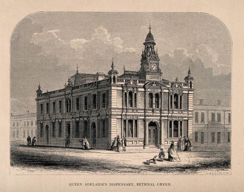 Queen Adelaide's Dispensary, Bethnal Green. Wood engraving by O. Jewitt after himself [1865]., [1865], by Orlando Jewitt