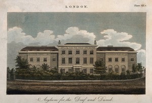 view Asylum for the deaf and dumb, Camberwell. Coloured engraving by J. Pass after himself, 1814.