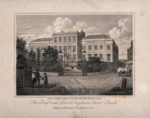 view Asylum for the deaf and dumb, Camberwell. Engraving by I.C. Varrall after himself, 1822.