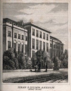 view Asylum for the deaf and dumb, Camberwell. Engraving, 1834.