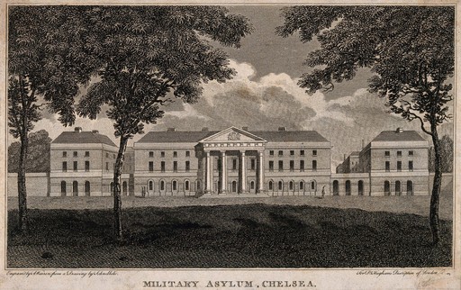 Royal Military Asylum, Chelsea. Engraving by A. Warren after R. B. Schnebbelie.