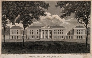view Royal Military Asylum, Chelsea. Engraving by A. Warren after R. B. Schnebbelie.