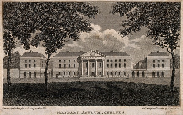 Royal Military Asylum, Chelsea. Engraving by A. Warren after R. B. Schnebbelie.