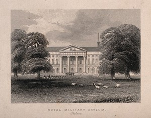 view Royal Military Asylum, Chelsea. Engraving.