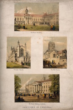 Four buildings in Chelsea: the Royal Hospital, St Luke's Church, the Old Church, and the Royal Military Asylum. Coloured lithographs.
