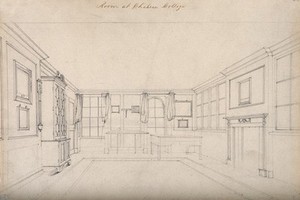 view The interior of a room, looking towards the windows, a fireplace to the right. Pencil drawing.