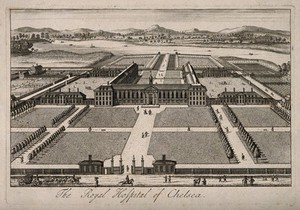 view The Royal Hospital, Chelsea: aerial view of the building and grounds, looking towards the river. Engraving, probably by B. Cole, c. 1720, after J. Kip.