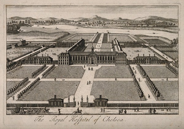 The Royal Hospital, Chelsea: aerial view of the building and grounds, looking towards the river. Engraving, probably by B. Cole, c. 1720, after J. Kip.