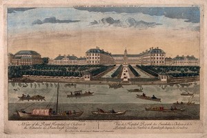 view The Royal Hospital, Chelsea: aerial view of the building and grounds, looking from the Surrey side of the river. Engraving, c.1761.