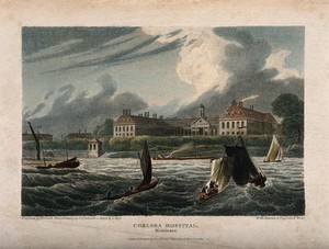 view The Royal Hospital, Chelsea: looking from the Surrey side of the river in stormy weather. Coloured engraving, 1815, by W. Woolnoth after J.P. Neale after W.G. Moss.