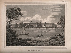 view The Royal Hospital, Chelsea: viewed from the Surrey bank with boats on the river. Engraving by J. Storer after S. Prout, 1805.