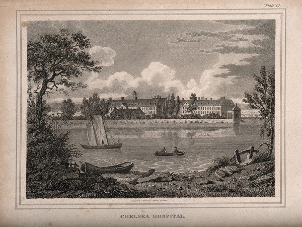 The Royal Hospital, Chelsea: viewed from the Surrey bank with boats on the river. Engraving by J. Storer after S. Prout, 1805.