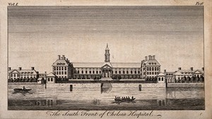 view The Royal Hospital, Chelsea: viewed from the Surrey bank with boats on the river. Engraving.