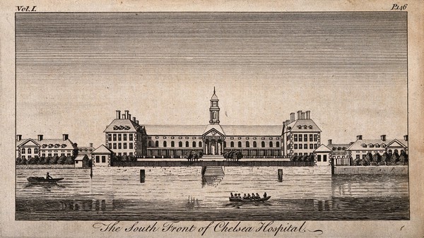 The Royal Hospital, Chelsea: viewed from the Surrey bank with boats on the river. Engraving.