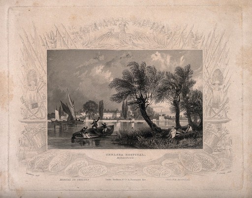 The Royal Hospital, Chelsea: viewed from the Surrey bank, with boats on the river and two men lounging on the bank. Engraving by S. Lacey after W. Tombleson, 1834.