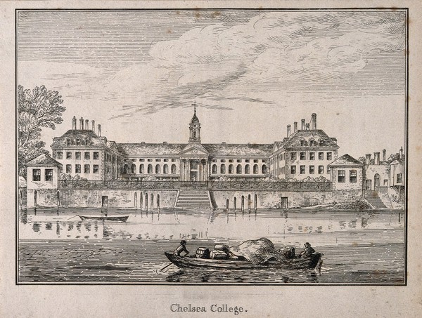 The Royal Hospital, Chelsea: viewed from the Surrey bank with boats on the river. Etching.