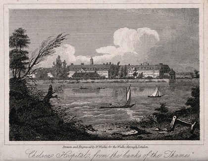 The Royal Hospital, Chelsea: viewed from the Surrey bank with boats on the river. Engraving by W. Wallis after himself, 1816.