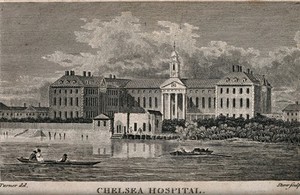 view The Royal Hospital, Chelsea: viewed from the Surrey bank with boats on the river. Etching by J.S. Storer, 1795, after J.M.W. Turner, 1794.