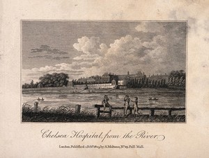 view The Royal Hospital, Chelsea: viewed from the Surrey bank with boats on the river and three loungers on the near bank. Engraving by J.T. Smith [?] after himself.