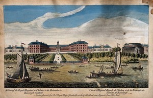 view The Royal Hospital, Chelsea: viewed from the Surrey bank with boats on the river. Coloured engraving.