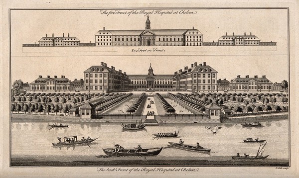 The Royal Hospital, Chelsea; and the Rotunda at Ranelagh: views of the north and south facades, the former an elevational view, the latter a bird's-eye view, with boats on the river. Engraving by B. Cole, 1756.