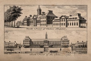 view The Royal Hospital, Chelsea: views of the north and south facades, the upper [north] a threequarter view, the lower seen from the Surrey bank with boats on the river. Engraving by J. Green after S. Wale, 1761.