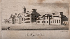 view The Royal Hospital, Chelsea: viewed from the north side, looking east. Aquatint by G. Hughes.