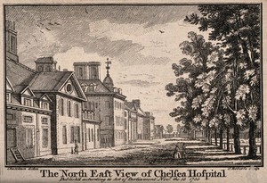 view The Royal Hospital, Chelsea: view of the north facade, looking west. Engraving by J. Roberts, 1750, after J.B.C. Chatelain.